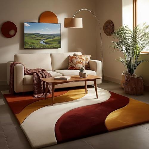 Image of Hand Tufted Wool Rug 6x8 Ft - Modern Irregular Shape Carpet, 1 Inch Thick Pile, Anti-Skid Backing, Soft Handmade Woolen Area Rug for Living Room, Bedroom, Hall Decor