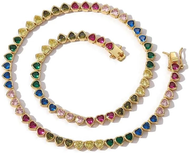 Razered Rainbow Heart CZ Stone Tennis Chain Iced Out Choker Necklace for Men Women Jewelry Gifts