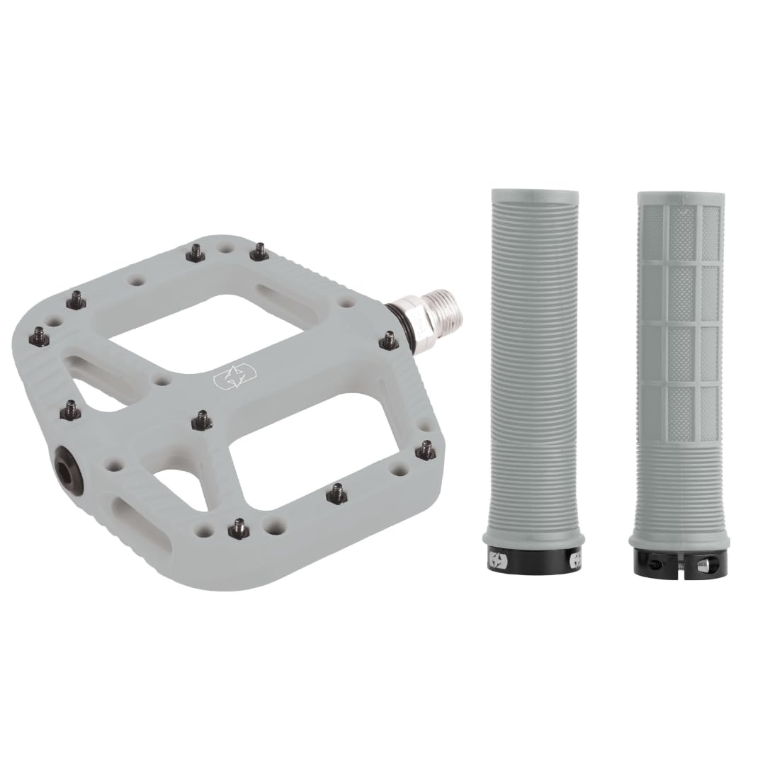 Oxford MTB Grip & Pedal Set – Lock-On Grips + Loam 2.0 Nylon Flat Pedals | Mountain Bike Components, Colour-Matched Pair – Grey - Trail Riding, Enduro Biking, Enhanced Grip & Control