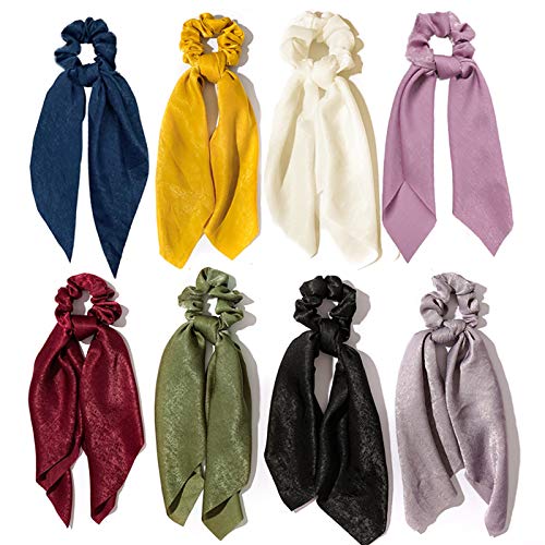 8PCS Chiffon Hair Scrunchies Bowknot Satin Silk Hair Band Elastic Ponytail Holder Hair Accessories for Women Girls (Deep Colors)
