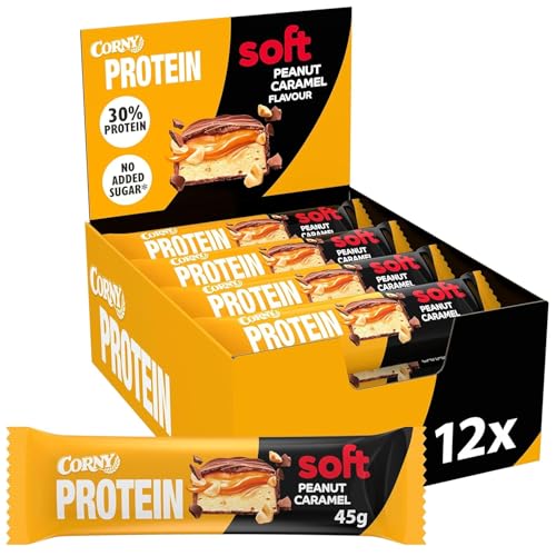 Protein Riegel | Corny | Soft Peanut-Caramel Flavor | 30% Protein | Eiweißriegel ohne Zuckerzusatz | Vorratsbox 12x45g