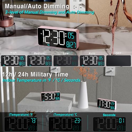 Image of KOSUMOSU Alarm Clocks for Bedrooms, 6.7in Small Digital Clock, Auto Dimming, Room Temperature, Day of The Week, Date, Seconds, Digital Clocks for Living Room, Alarm Clock