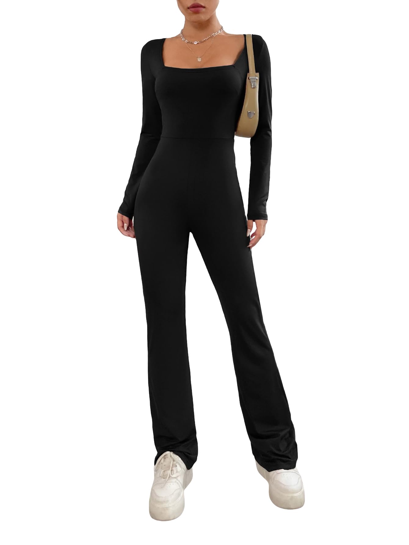 Photo 1 of SOLY HUX Women's Square Neck Long Sleeve Jumpsuit Casual Flare Leg Long Pants X-Small Pure Black