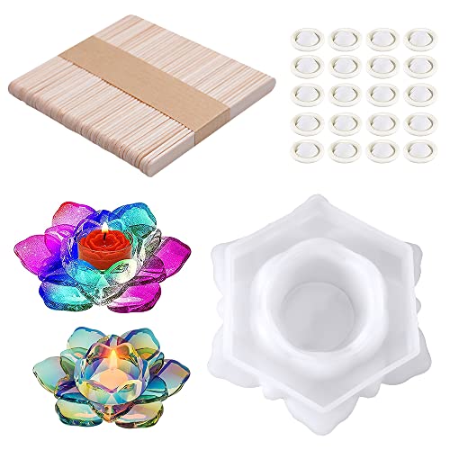 KLYNGTSK Molde Resina Epoxi de Loto Resina Epoxi Moldes Kit Portavelas de Loto Moldes de Resina para Candelabros de Flores de Loto con 50 Palos de Madera y 20 Fundas para Dedos para Joyero, DIY Cover