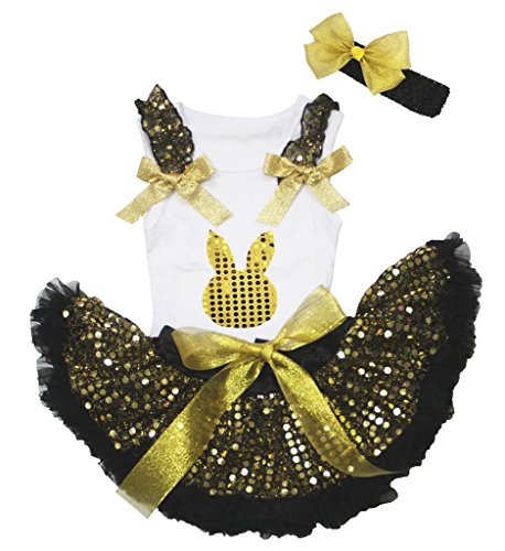 Ensemble bébé lapin de Pâques d'or avec t-shirt visage et jupe pettiskirt sequin or 3-12 mois