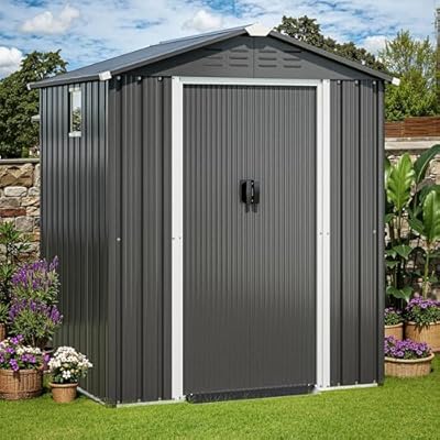 JYQAQA 6x4 FT Outdoor Storage Shed,Waterproof Metal Garden Sheds with Lockable Double Door,Weather Resistant Steel Tool Storage House Shed for Garden,Patio,Lawn, Gray