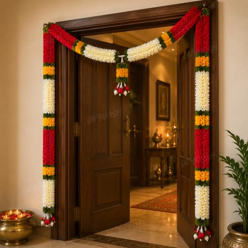 Image of Divyakosh Toran Set (with Side Hanging), Toran for Main Door Entrance, Fabric, Handmade, Dark Pink & White Floral Banderwal, Big Size, Width 3.5 FT & Height 4 FT