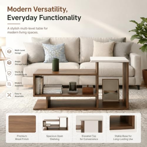 Image of FURNEASER Afaria Modern Engineered Wood Coffee Table with Door & Storage Shelves | Center Table for Living Room & Sofa Area | Multi Level Open Rack Design | DIY Furniture