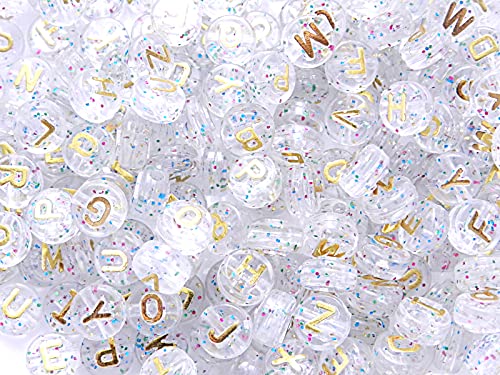200個 アルファベット柄 円形 キラキラ ラメ入り アクリルビーズ 10mm 穴:2.3mm 金文字 クリア フラット ミックスアソート文字 クラフト 手芸用品 ジュエリー アクセサリーパーツ Huey 手芸材料のヒューイ h2430s55