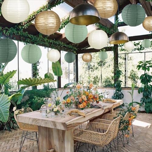 Image of Paper Lanterns Decorative, Round Hanging Paper Lanterns Decorations for Rustic Party Bridal Shower Wedding Sage Green Birthday Party Supplies Gold /Ivory /Sage Green 15pcs