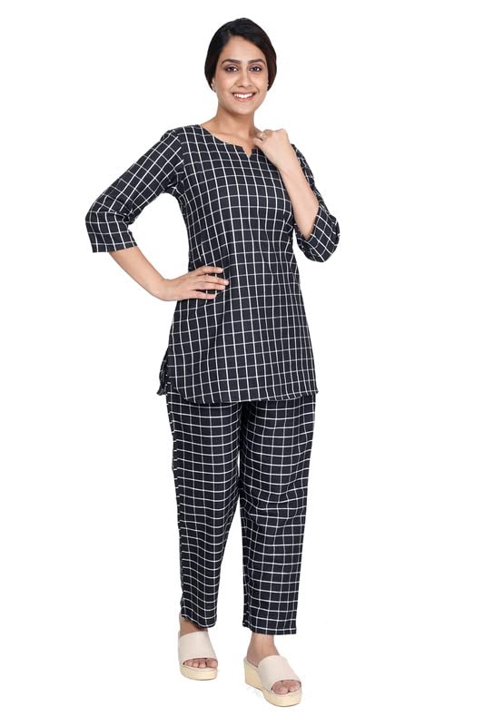 KRISHANG Sleep Comfort Cotton Shirt and Payjama Set for Girls | Night Suit Set| Sleep Wear Dress | Cotton Night Suit | Full Length Payjama Set for Women and Girls_NGT-LONG-BLK