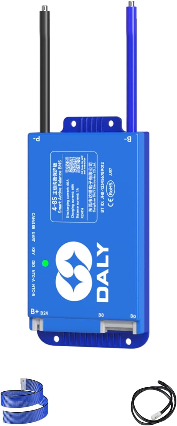 60A 4S-8S 12V-24V Smart BMS with 1A Active Balancer and Build-in Bluetooth RS485 CAN for Lithium Battery NCM/LFP/LTO Pack