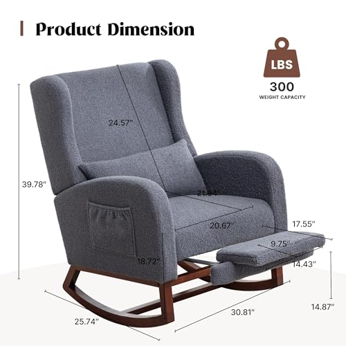 Image of HCHAIRH Rocking Chair with Foot Rest,Teddy Nursery Rocking Chairs, Wingback Nursing Glider Rocker Chair with Pillow and High Back for Nursery, Living Room, Bedroom, Dark Grey