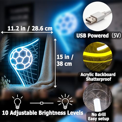 Image of Soccer Neon Sign for Wall Decor Light Up Sign Led Signs for Room Party Home Wall Decor USB Powered