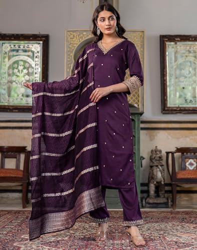 Image of SIRIL Women's Rayon Viscose Sequence Embroidered Straight Kurta Pant with Dupatta Set