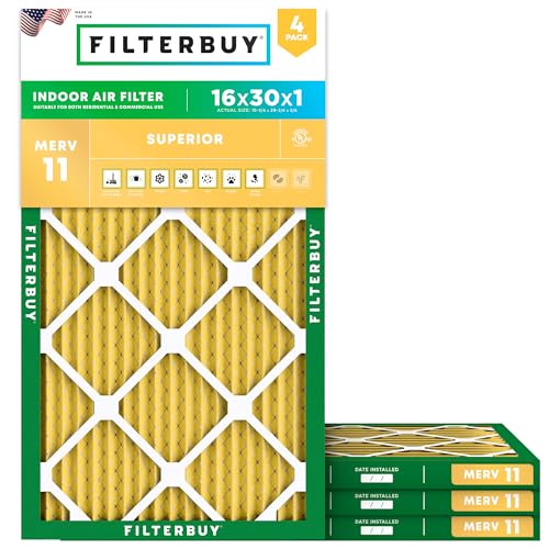 Filterbuy 16x30x1 Air Filter MERV 11 Superior Pet & Allergy Defense (4-Pack) Electrostatic Pleated HVAC AC Furnace Filters Replacement Made in USA (Actual Size: 15.75 x 29.75 x 0.75)