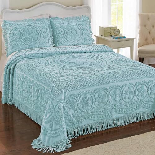 Image of Collections Etc Calista Chenille Lightweight Bedspread with Fringe Border, Turquoise, Queen