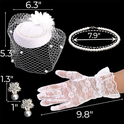 Image of Hiceeden 4 Pieces White Tea Party Hat Accessories for Women, Elegant Fascinator Wedding Hat for Girls, 20s 50s Pillbox Funeral Hats with Veil, Short Lace Floral Gloves, Pearl Earring and Necklace