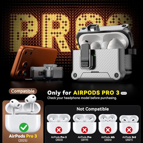 Image of Inesore for AirPods Pro 3 Case with Secure Lock (Silver) | Phone Stand Design,Compatible with MagSafe,Automatic Snap Switch Secure Cover Carbon Fiber Texture with Cleaner Kit