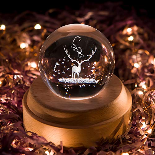 Projection LED Light-3D Crystal Ball Music Box Luminous Rotating Musical Box-Wood Base Best Gift for Birthday Christmas (Elk)