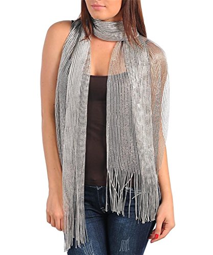 Silver Metallic Evening Shawl Wrap with Fringe Sheer Glitter Sparkle Shawl Wrap Fringe Prom Weddings Evening Scarfs for Women