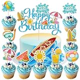 Ephlyn 37個 サマー ビーチ プール カップケーキ トッパー グリッター ビーチ ハッピーバースデー ケーキ トッパー ボール 日傘 カップケーキ ピック トロピカル ハワイ ルアウ テーマ 誕生日パーティー ケーキ デコレーション 用品 ブルー