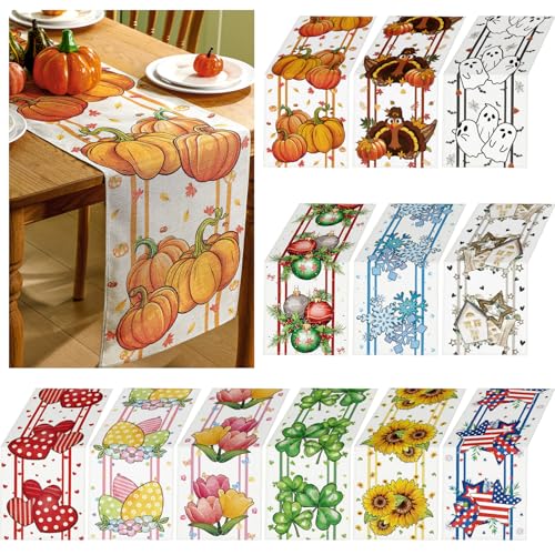 Honeydak 12 Pcs Holiday Table Runner Seasonal Farmhouse Table Decor 13 x 72 Inch Summer Fall Halloween Thanksgiving Christmas Decorations for Home Party Dining Room Kitchen
