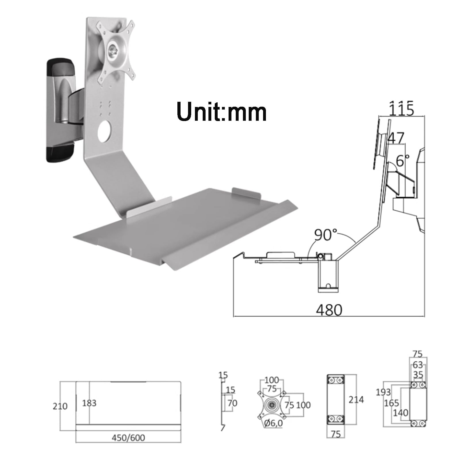 Supporto a parete per monitor e tastiera, postazione di lavoro pieghevole a parete, supporto meccanico per monitor regolabile e girevole, adatto a monitor da 15 a 27 pollici. (Silver 45*21cm Tray)