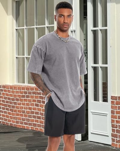 Oversized Tshirts for Men Short Sleeve Vintage Washed Basic Loose Tees, Solid Grey, L - Image 3