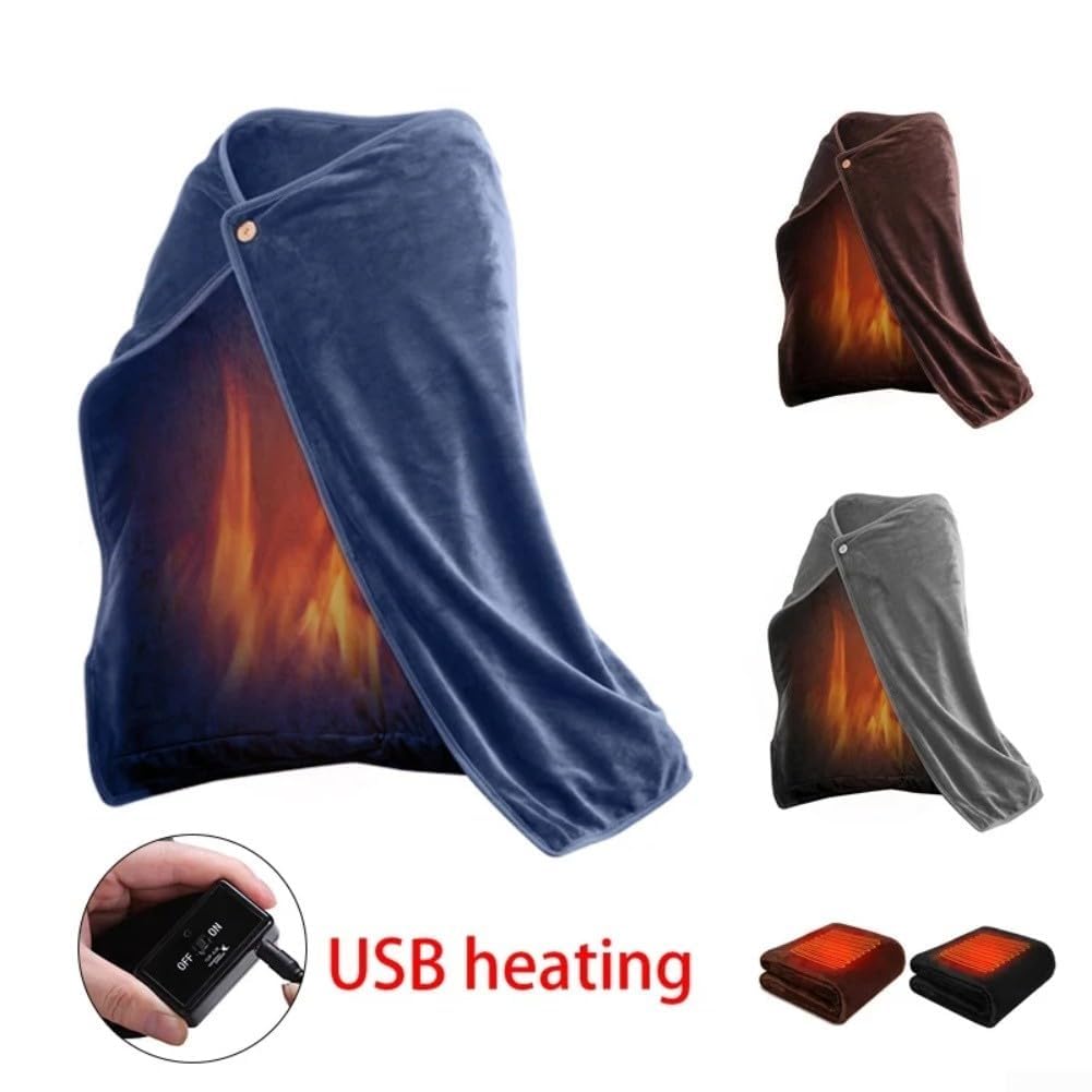 Coperta in flanella riscaldata con USB, 100 x 70 cm, portatile, indossabile, lavabile, calda, con riscaldamento in fibra di carbonio, temperatura regolabile, per campeggio, casa, ufficio