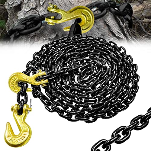 FITHOIST G80 Transport Binder Chain 1/4 Inch x 14 Ft | Tow Chain with Clevis Grab Hooks | 3 300 lbs Safe Working Load | Heavy Duty Chain for Transporting Towing Tie Down Binding Equipment
