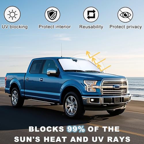 Image of PIMCAR Windshield Sunshade for Ford F-150 2015-2020 | Premium 310T Reflective Polyester UV & Heat Blocker | Reduces Interior Temperature, Foldable with Storage Pouch