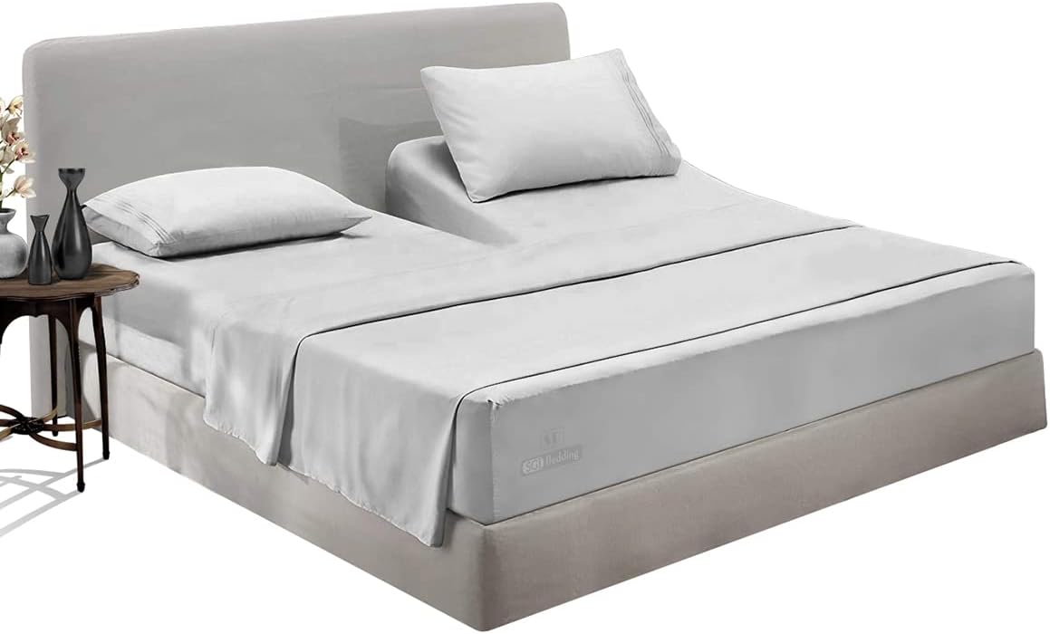 SGI bedding34 Inch Top Split Head King Size 600 TC Egyptian Cotton Sheet Set Light Grey Solid fits Upto 18 inch Deep Mattress for Flex Adjustable Beds 1 Fitted Sheet 1 Flat/Top Sheet 2 Pillowcase