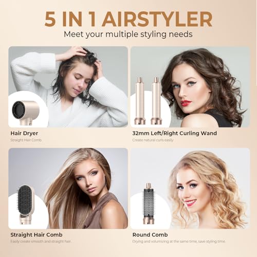 Image of 5 in 1 Hair Dryer Brush Set, Negative Ion Blow Dryer Brush Air Styler Curling Wrap Air Curler, Curling Iron Hair Styling Tools As A Gift for Straight /Curl /Drying /Smoothing