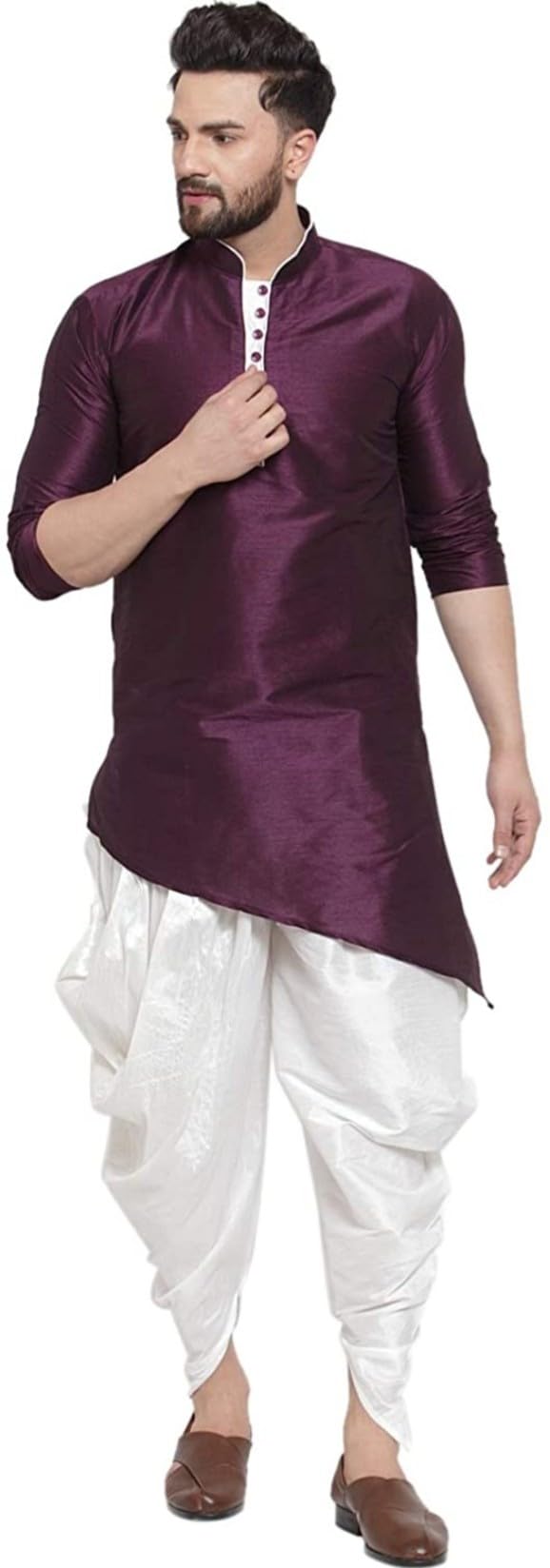 Lakkar Haveli Men's Pakistani traditional Purple Shirt Kurta Trail Cut Wedding party wear White Dhoti Pant Set Silk