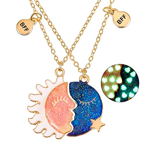 MJartoria Best Friend Necklaces BFF Necklace for 2 Friendship Valentines Day Gifts Split Sun and Moon Glow Necklace Pendant Set