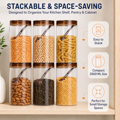 Image of Homeor Plastic Storage Jar & Containers With Spoon, Airtight & BPA Free Containers for Kitchen Storage, Grocery Kitchen Container, Multipurpose Jar, Fridge Storage Container, 2000 ML Set 6, Brown