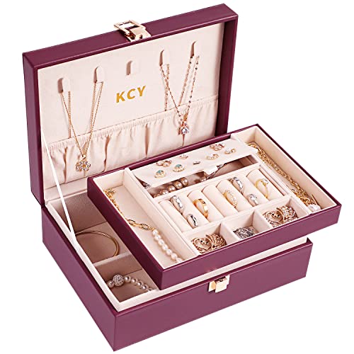 KCY Jewelry Box Organizer for Women Girls,Large PU Leather Jewellery Storage Case with 2 Layers Display Holder & Removeable Tray for Earrings Rings Necklaces Bracelets,Mens Vintage Gift,Purple