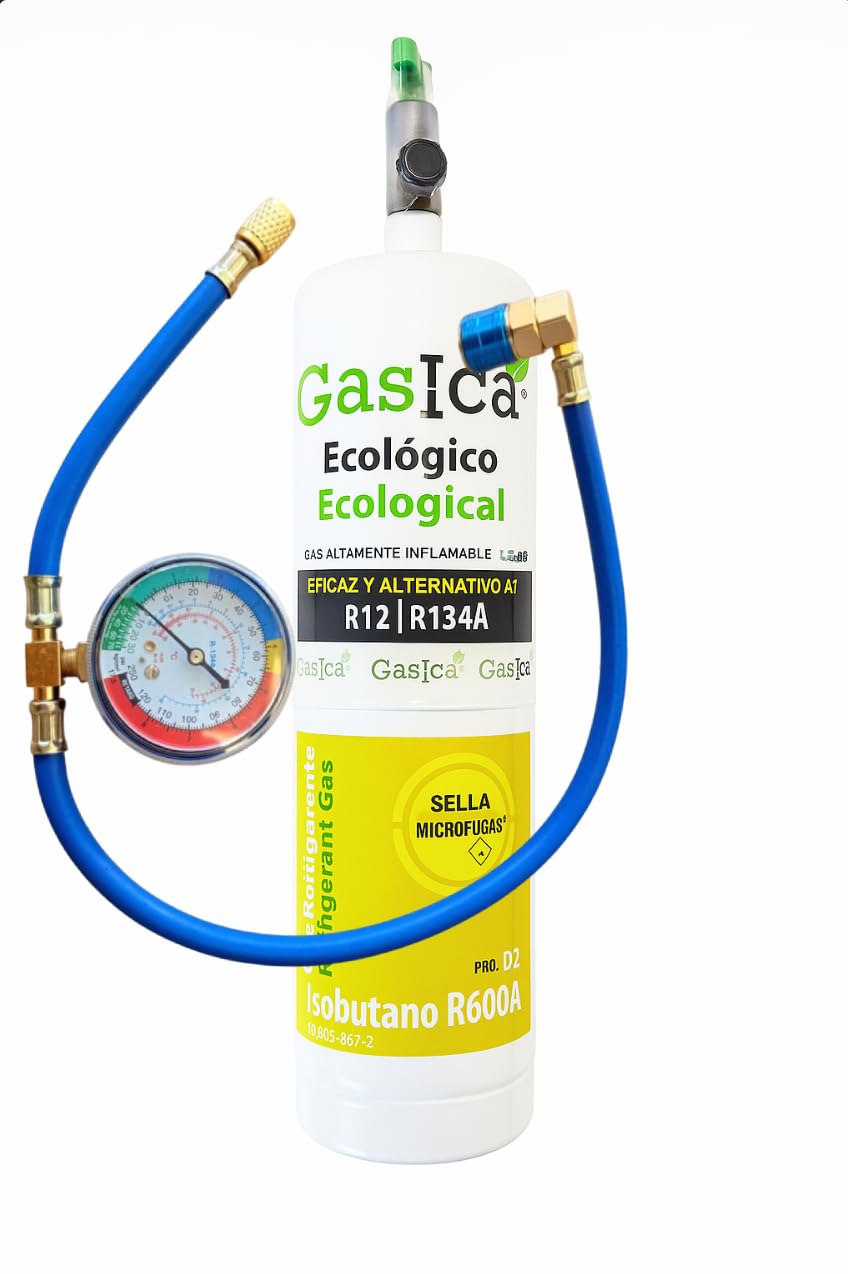 Gas refrigerante ecologico gasico D2 Pro, compatibile con R134A e R12 per ricarica A/C automobilistica e domestica, confezione da 400 g (equivalente a 900 g), valvola e manometro inclusi