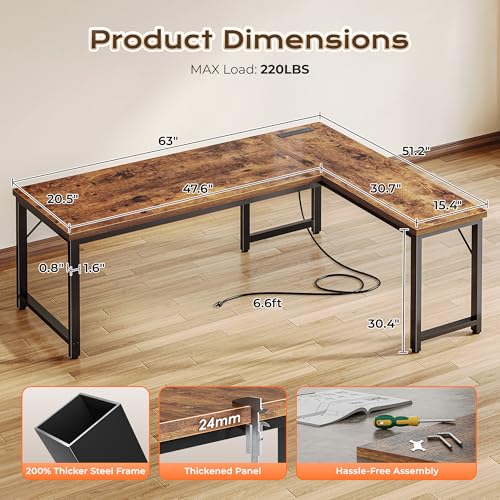 image for Huuger 63 Inch L Shaped Desk with Power Outlets and USB-C Port, 0.95 I
