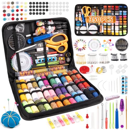 Costurero,Kit de Costura 350 piezas Accesorios de Costura 43 Bobinas de Hilo, Mini Herramienta de Costura Completa para Principiantes, Viajeros, Familiares Y Amigos, Negro (350 Piezas)