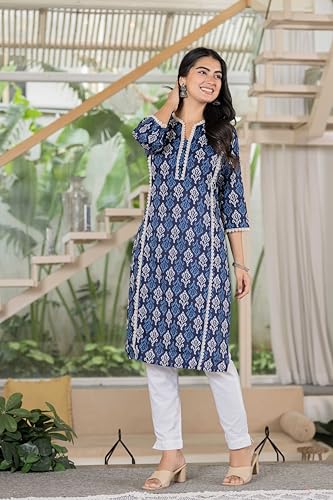 Image of Women's Cotton Straight Kurti with Geometric Print, 3 /4 Sleeves, Lace Trim Detail, Regular Fit, Casual Wear