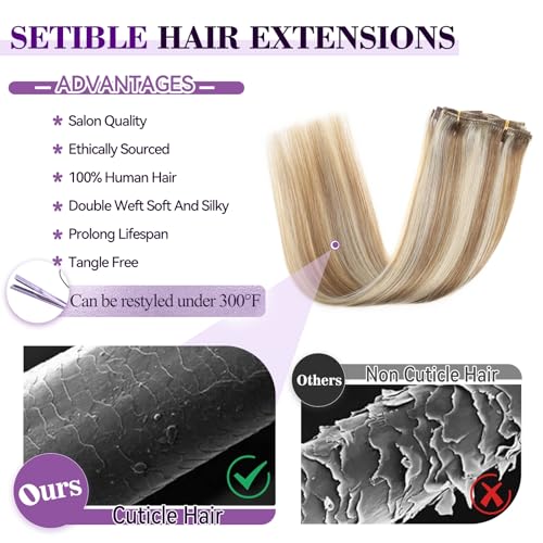 Image of Clip in Hair Extensions Real Human Hair 18 inch 100g /3.6oz Straight Seamless Invisible Human hair Extensions Clip ins for Women Double Weft 8pcs Light Blonde to Golden Blonde