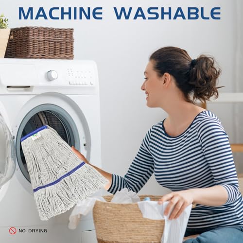 Image of Commercial Cotton Mop | Heavy-Duty Industrial Mop | 2 Replacement Heads | 152cm Stainless Steel Handle | Professional Institutional Cleaning (A)