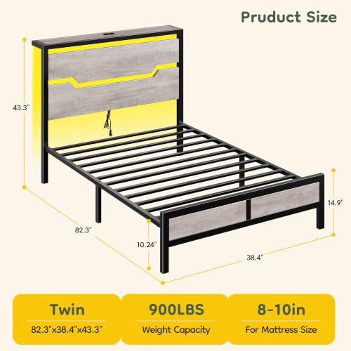 Image of Homkdom Twin Metal Bed Frame with LED Storage Headboard & USB Ports Grey | Underbed Storage for Saving Space, Noise-Free Quiet Sleep Setup for Teens Room, College Dorms & Small Studio Apartments