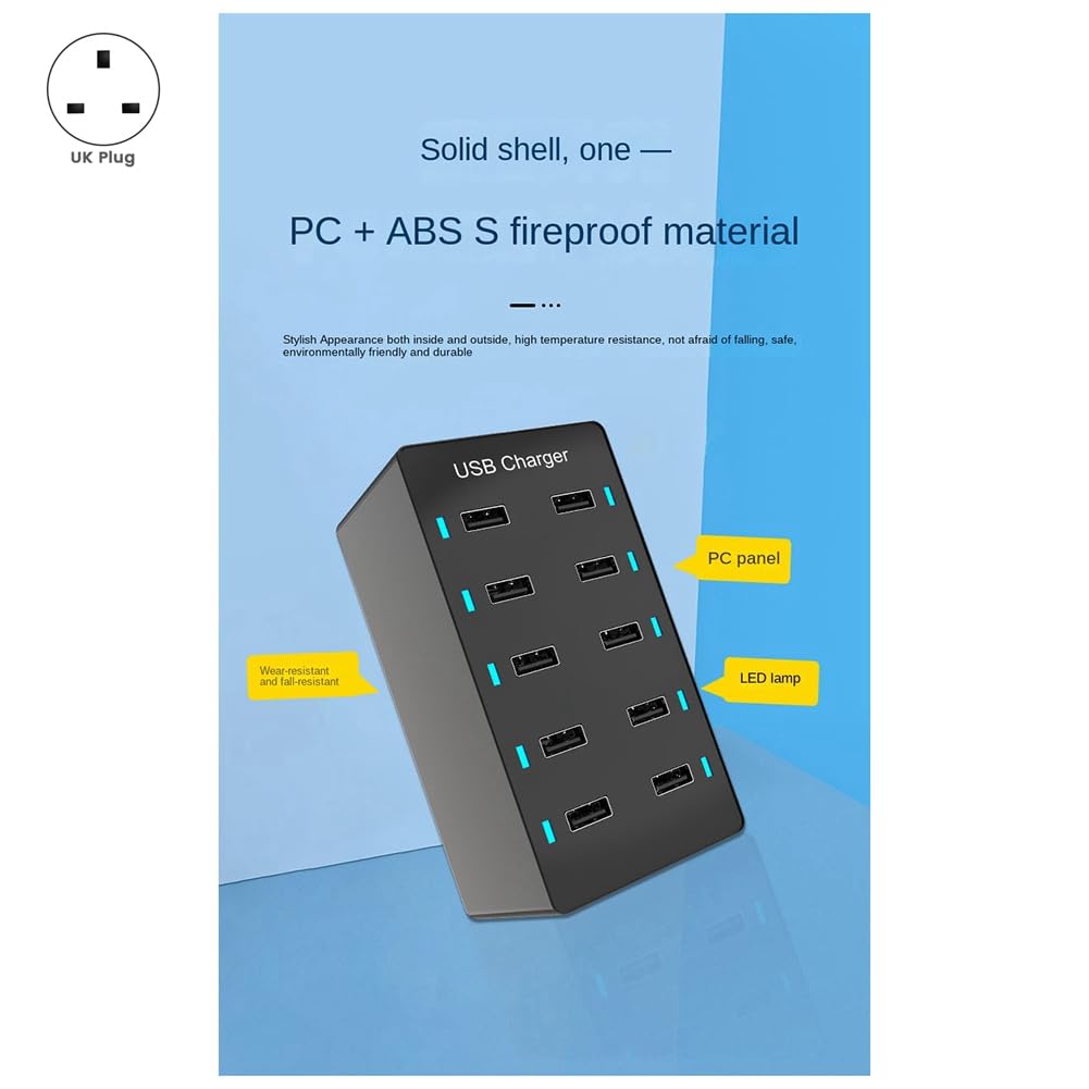 1 szt. 50 W USB Multiport Charger Hub 10 portów Szybka ładowarka Ładowarka stacjonarna Stacja dokująca Ładowarka biała (Wielka Brytania)
