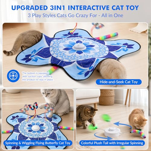 Wortade Interactive Cat Toys for Indoor Cats Rechargeable, Moving Concealed Wand Feather, Automatic Fluttering Butterfly Cat Stimulation Toys for Indoor Cats, Hide and Seek Kitten Toy (Blue) — view 3