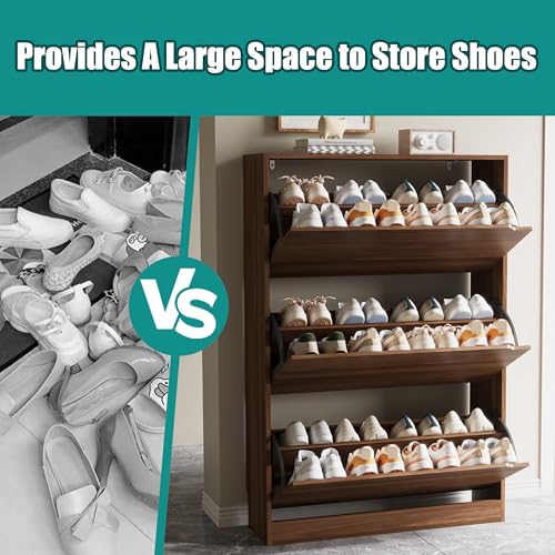 Image of Xixini Shoe Storage Cabinet for Entryway with 3 Flip Drawers, Sturdy Wood Hidden Shoe Storage, Freestanding Narrow Slim Shoe Organizer for Front Door Entrance, Living Room, Hallway, Bedroom, Walnut