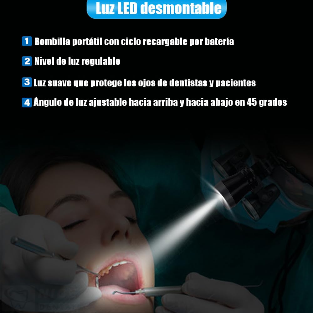 Lupas Dentales con Luz 3.5X 420mm Distancia de Trabajo Vidrio Óptico LED Caja Aluminio