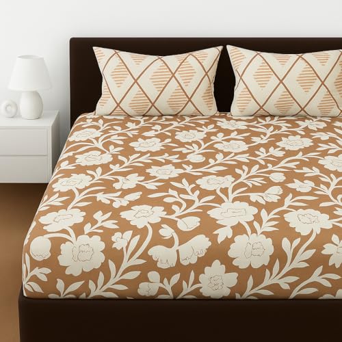 Image of Elastic Fitted Bedsheets with 2 King Size Pillow Covers | Double Bed with All Around Elastic, Size 72 x 78 x 8 Inches (Brown White Floral)